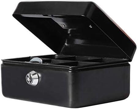 Small Cash Box with Key Lock, Decaller Portable Metal Money Box with Double Layer & 2 Keys for Security, Black, 6 1/5" x 5" x 3", QH1509XS