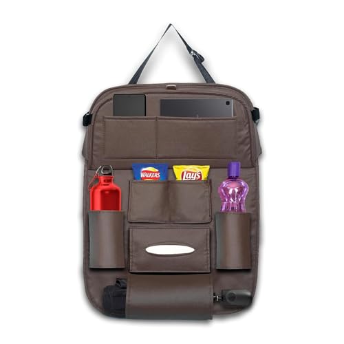 Image of Premium PU Leather Auto Car Back-Seat Organizer with Tray, Multi-pocket Storage, Tablet Holder, Bottle and Tissue Paper Holder, Mobile Holder and Tray for food