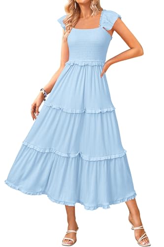 Image of Newshows Women's 2026 Summer Wedding Guest Dress Ruffle Sleeve Smocked Square Neck Long Flowy Tiered Maxi Sundress