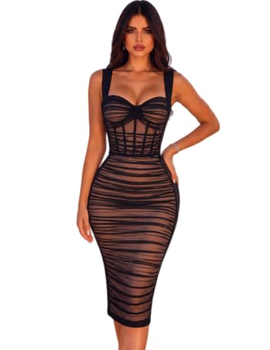 Image of houstil Women's Strap Wedding Guest Dress Velvet Mesh Bodycon Cocktail Party Fishbone Mini Clubwear