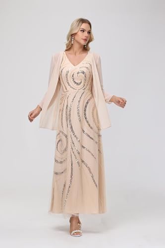 Clothfun Simple Chiffon Long Sparkly Mother of The Bride Dress 2025 Sparkly Wedding Guest Dress with Jacket CY134CC3