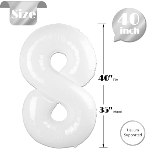 Image of White 8 Balloon, Translucent Number Balloons 40 Inch, 8th Birthday Decorations, White Birthday Balloons, White Party Supplies, Number 8 Balloon