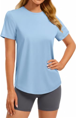 PINSPARK UV Protection Shirts for Women Soft Rash Guard Gym Workout Tops Beach Fishing Moisture Wicking T Shirts Hiking Clothes,Light Blue Small
