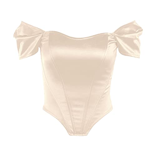 Top feminino de cetim com ombro de fora, corpete com espartilho, top de praia, ombro único, manga co