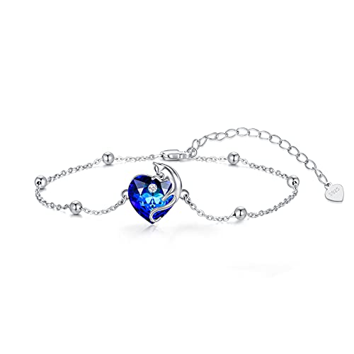 Aoboco Cat Bracelet For Women Sterling Silver Cute Cat Jewelry With Blue Sapphire Heart Crystal From Austria, Cat Jewelry Gifts For Women Girls Cat Lovers #TOP23