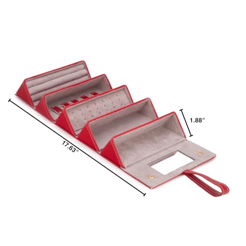 Image of Brouk & Co Leah 5 Eyewear & Jewelry Case - Pebbled Vegan Leather, Foldable Case, Snap Closure, Hanging Loop, Interior Mirror, 5 Compartments: Sunglasses and Jewelry (Red)