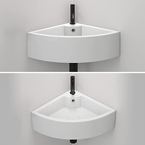 HUCKLE Round Corner Wall Hung Corner Basin, Wall Mount Mini Ceramic Triangle Sink in White Modern for bathrooms, cloakrooms, Powder Rooms, 5-Year-Guarantee