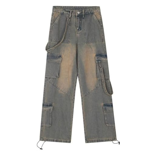 CEINOM Female Jean Spliced Pockets Cargo Pants Washed Denim High Waist Full Length Loose Solid Jeans