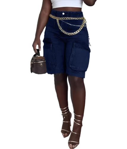 Cargo Shorts Women Distressed Cargo Long Denim Shorts Knee Length Stretchy Plus Size Denim Shorts with Pockets