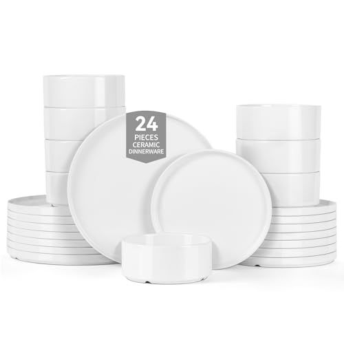 24 Pcs Porcelain Dinnerware Set for 8, White Chip and Scratch Resistant Dinner Set, Kitchen Plates and Bowls Set - Dishwasher & Microwave Safe Dinging Dishes Set, QOMO-1996