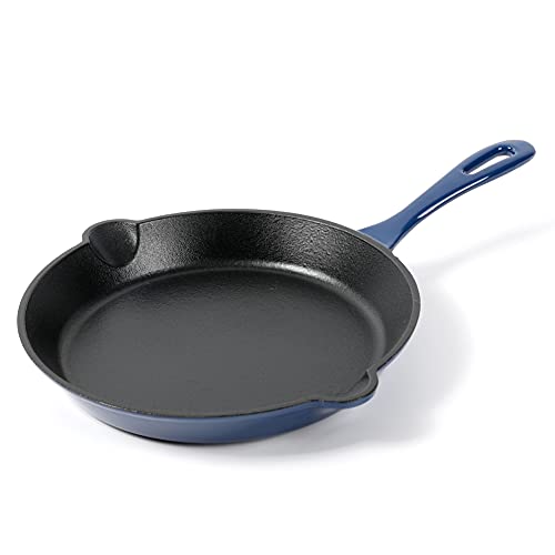 HAWOK Cast Iron Enameled Skillet, Frying Pan, DIA.10 inch, with Handle Cover, Blue