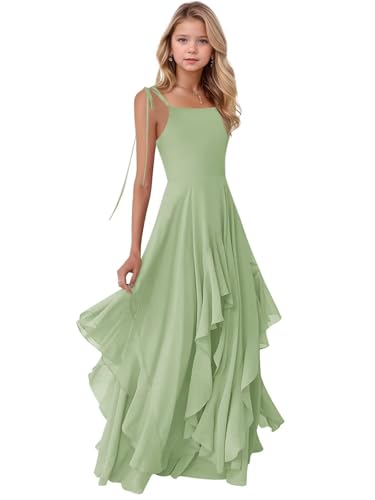 zikusel Sleeveless Junior Bridesmaid Dress for Teen Girls Sage Green Chiffon Ruffle Tiered Long A-Line Flower Girl Dress Wedding Square Neck Backless Communion Gowns