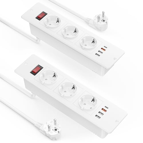 2 Pack - Enchufe de Mesa con 3 enchufes, Regleta de Escritorio con USB-C PD20W, Enchufe múltiple con Interruptor, Cable de 2 m, Enchufe de Mesa para casa o Oficina, Blanco