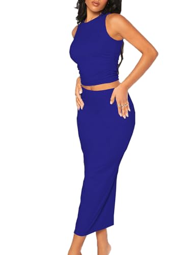 Image of Bdwinz Women's Casual 2 Piece Dress Round Neck Tank Top Bodycon Midi Skirt Dress Set