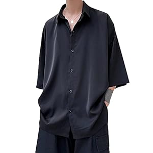 [YIMANIE] メンズ 韓国 七分袖 ファッション 柄 無地 大きいサイズ カジュアルシャツ 春 秋 軽い 柔らかい ゆったり オーバーサイズ ビッグシルエット ブラック" 