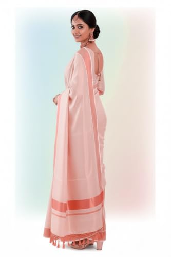 Image of Women's Kerala Tissue Plain Saree with Running Blouse| Onam & Vishu Kani Special | Traditional Kasavu White Colour