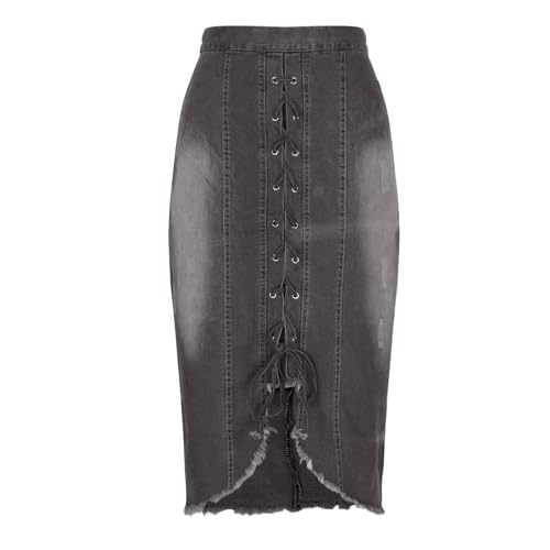 Women's High Waist Stretch Maxi Denim Skirt Front Drawstring Frayed Raw Hem A line Casual Fashion Long Jean Skirt