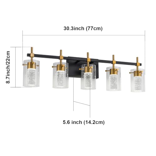 Image of 5-Light Black and Gold Vanity Light with 3 Color Modes (3000K /4000K /6000K), Eye Protection LED Bathroom Light Fixture, Dimmable Modern Wall Light Over Mirror with Clear Glass Shade