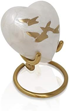 Small Keepsake Heart Cremation Urn For Ashes With New Improved Lid, Mini Heart Memorial Urn With Box & Stand (Pearl White Aluminium)