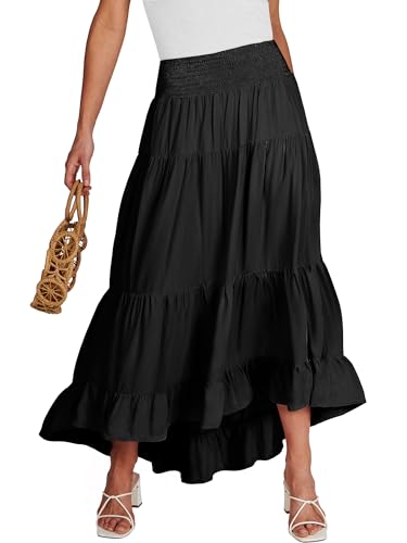 ANRABESS Women Summer Maxi Skirt Elastic High Waist Flowy Boho Casual Tiered Aline Long Beach Skirts 2025 Trendy Outfits Black Small