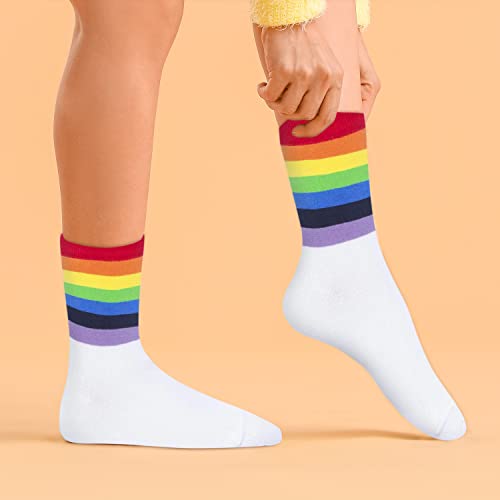 Kony Women's Cotton Rainbow Striped White High Ankle Socks Size 6-9 (White Rainbow - 4 Pairs) #TOP3