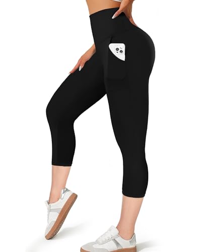 MOREFEEL Capri Leggings for Women with Pockets-High Waisted Tummy Control Black Workout Gym Yoga Pants