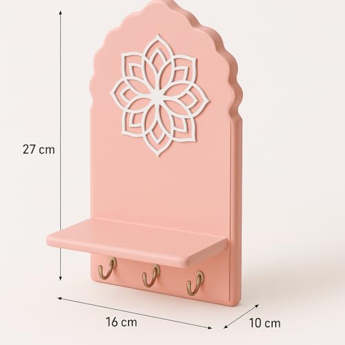 Image of Globally Indian Engineered Wood Keys Holder for Wall with Shelf, Mandala Design Key Stand Organizer for Home Entrance |Decorative Key Hanger for Wall, Entryway, Living Room |Floating Wall Shelf (Pink)