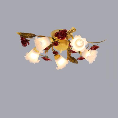 TCHAUSGZOZ Lámpara de techo semiempotrada vidrio rústico - Diseño floral rosas francesas 3 luces for decoración hogar mediados siglo(5-lights)