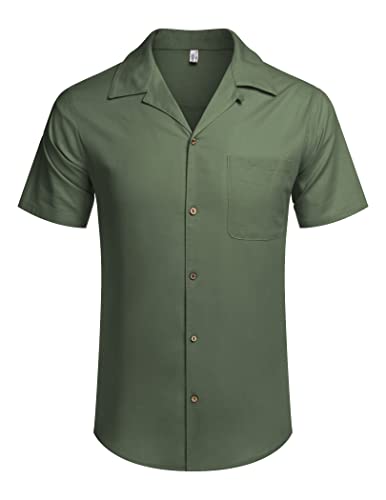 Coofandy Men Floral Cotton Shirts Front Pocket Short Sleeve Casual Summer Shirts A- Army Green #TOP1