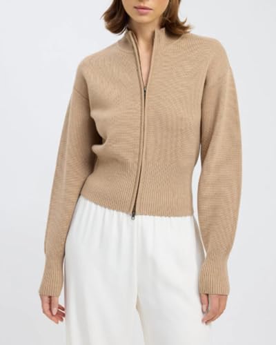 Women's Long Sleeve Zip Up Knit Cardigan Stand Collar Full Zip Sweater Lightweight Ribbed Knit Sweater2