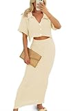 Conjunto de Crochet para Mujer, Top Corto con Botones y Falda Larga con Forro, Color Beige, Talla Única (36/40)