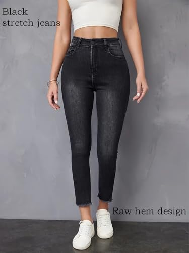 Women's Black Stretch Jeans Small Leg Pants Hip Lift Slim Raw Edge Trousers High Stretch Versatile Soft Denim2