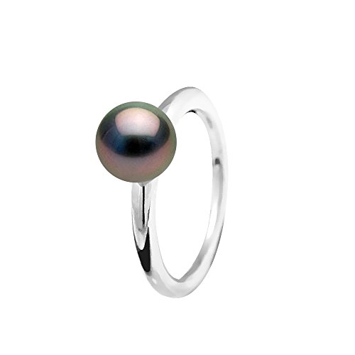PEARLS & COLORS - Bague en Perle de Tahiti Ronde Cultivée 8-9 mm - Qualité AA+ - Argent Sterling 925 Massif - Bijoux pour Femmes