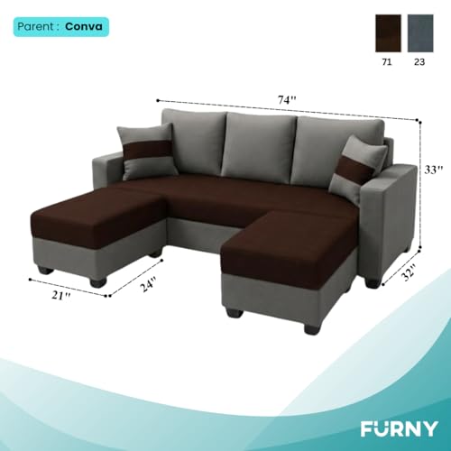 Image of FURNY Aura 3 Seater Modular Fabric Sofa Set with 2 Ottomans (Dark Brown-Dark Grey) | 5-Person Seating with Premium Velvet Finish | Ideal for Living Room