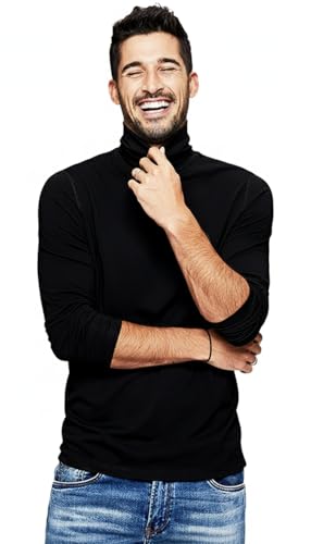 Image of LEOTUDE Men's Regular Fit Turtle High Neck Full Sleeve Cottonblend Solid Black T-Shirt