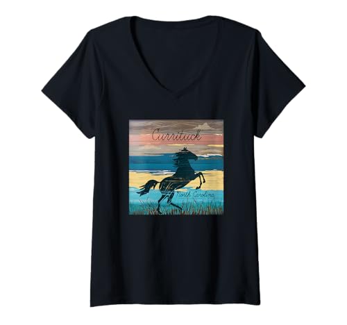 Femme Plage côtière nautique de Currituck NC Outer Bank Wild Horses T-Shirt avec Col en V