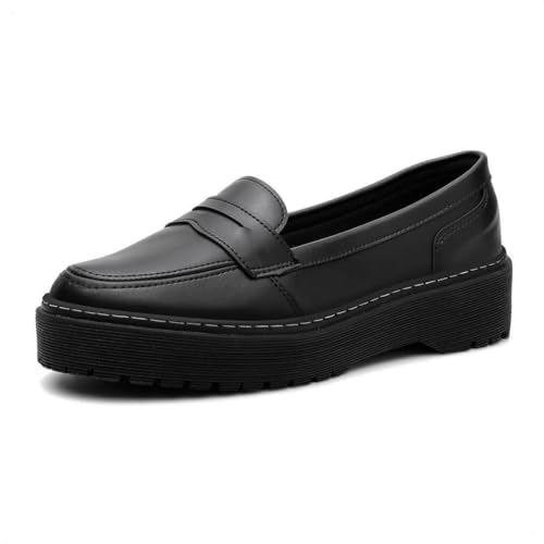 Mocassim Feminino Flatform Tratorado Liso Conforto Casual + Preto