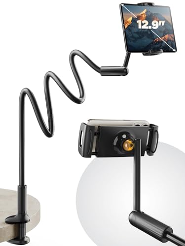 SAIJI Soporte para tablet de cuello de cisne para cama (120 cm), soporte ajustable para iPad con una sola mano, soporte para Kindle para leer en la cama, compatible con iPad, iPhone, Fire, Switch