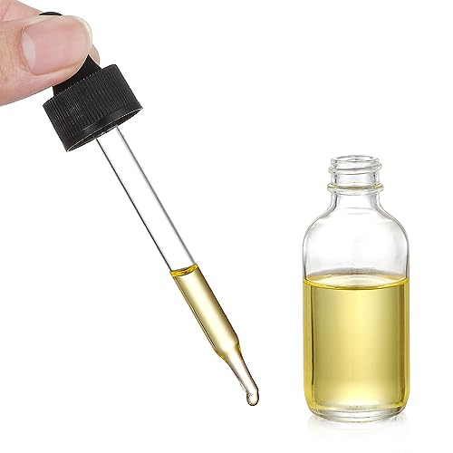 12 Pack, 2 oz Glass Dropper Bottle with 3 Stainless Steel Funnels & 1 Long Glass Dropper - 60ml Clear Glass Tincture Bottles with Eye Droppers for Essential Oils, Liquids - Leakproof Travel Bottles