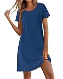 Ekouaer Sleep Shirts for Women Bamboo Viscose Nightgowns Soft Night Shirts Short Sleeve Ruffled Night Gowns with Chest Pocket Navy Blue M