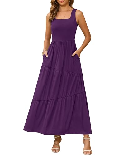 Kranda Women Vacation Summer Dresses Square Neck Tiered Tank Dress Maxi Swing Sundress with Pockets Purple, L