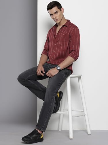 Image of The Indian Garage Co Men Slim Fit Vertical Striped Long Sleeves Casual Shirt