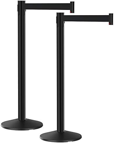 Crowd Control Barriers 2pk, Heavy Duty 40” Tall Stanchion Posts with 10’ Long Retractable Belt, Black Aircraft Aluminum w/Cast Iron Base Visiontron Rope Safety Barrier