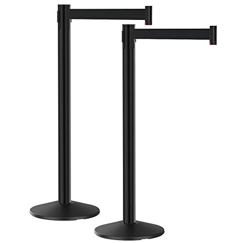 Crowd Control Barriers 2Pk, Heavy Duty 40” Tall Stanchion Posts With 10’ Long Retractable Belt, Black Aircraft Aluminum W/Cast Iron Base Visiontron Rope Safety Barrier #TOP3