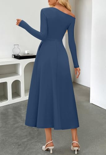 Image of MEROKEETY Women's Fall Long Sleeve Wedding Guest Dresses 2026 One Shoulder Elegant Formal Pleated Midi Maxi Dress