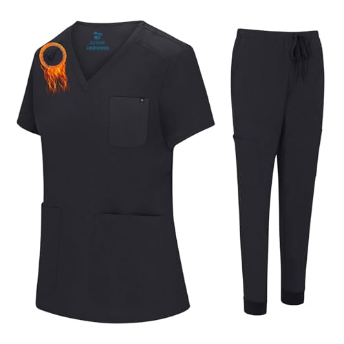 ACTIVE UNIFORMS Women's Jogger Scrub Set 10 Pockets Stretch Medical Scrub Top and Pant Nursing Uniforms (Black, XX-Large)