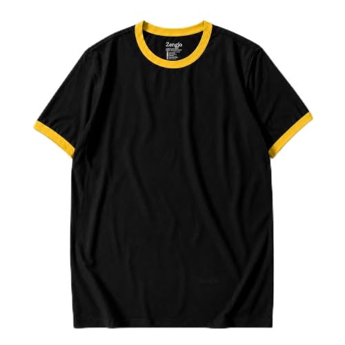Zengjo Men's Ringer Tee Crewneck Athletic T Shirts,Black/Yellow,XL