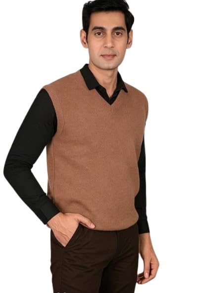 Men’s V-Neck Sleeveless Sweater Vest — Premium Wool-Blend Knit | Regular Fit Pullover for Winter & Office Wear Sweater_018_Brown_M-image-44