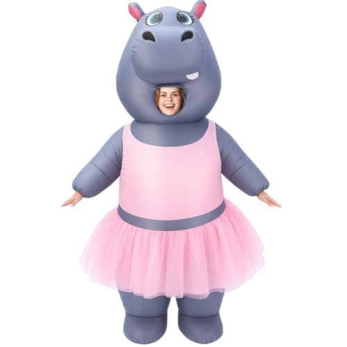 Halloscume Halloween Inflatable Costumes for Adult Funny Full Body Dancing Hippo Blow up Suit with Tutu Animal Couple Costumes for Halloween Cosplay Themed Parties Carnival Events One Size
