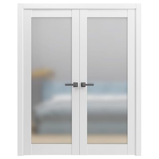 Solid French Double Doors 60 x 80 inches Frosted Glass | Planum 2102 White Silk | Wood Solid Panel Frame Trims | Closet Bedroom Sturdy Doors